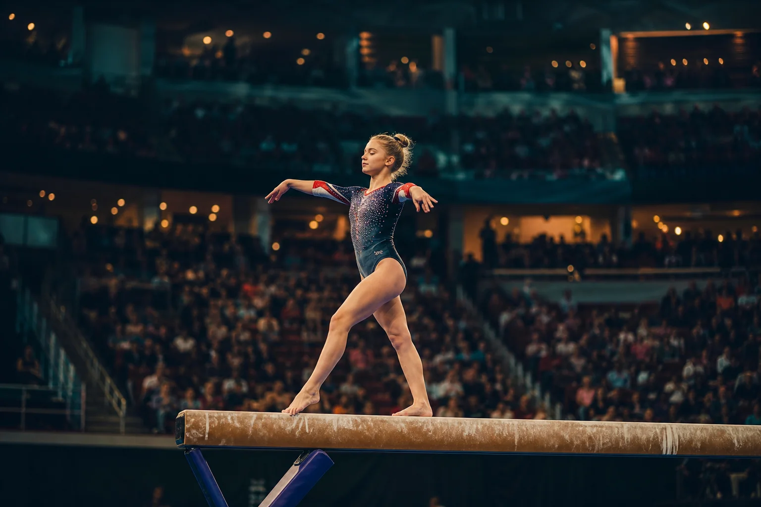 Gymnastics meet arena with a beam routine in progress