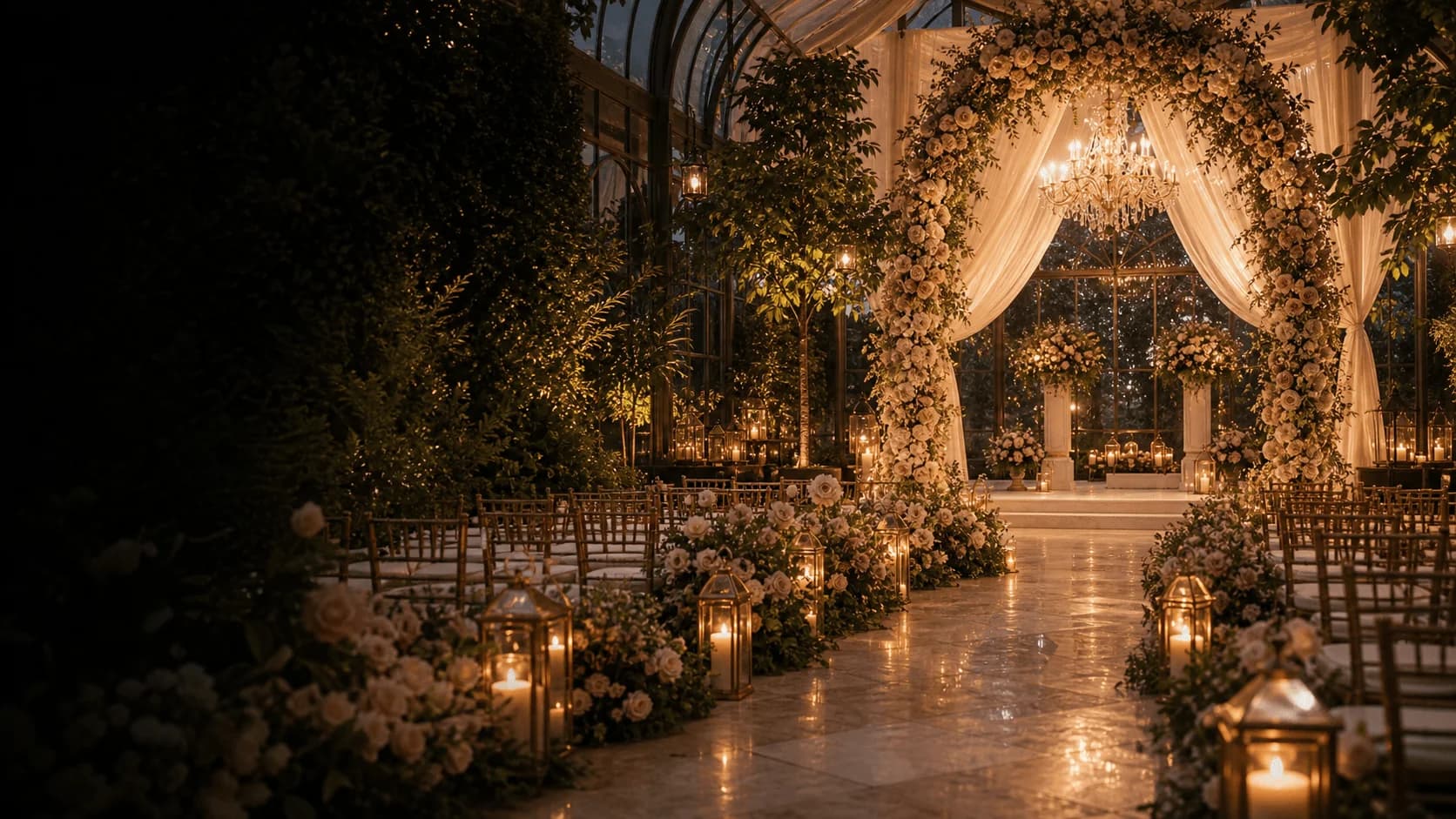 Garden wedding ceremony at golden hour
